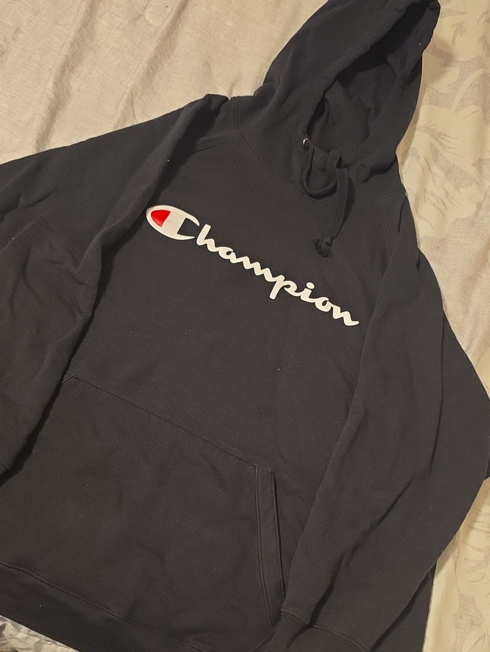 Champion Black Hoodie with White Script and Red Accent